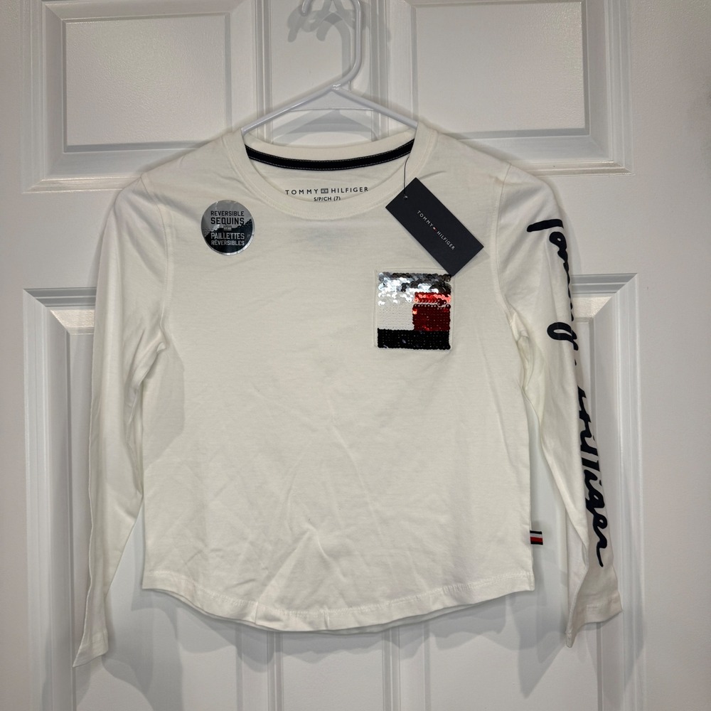 Tommy Hilfiger Kids Reversible Sequin Logo Long Sleeve Tee White Size 7 NWT
